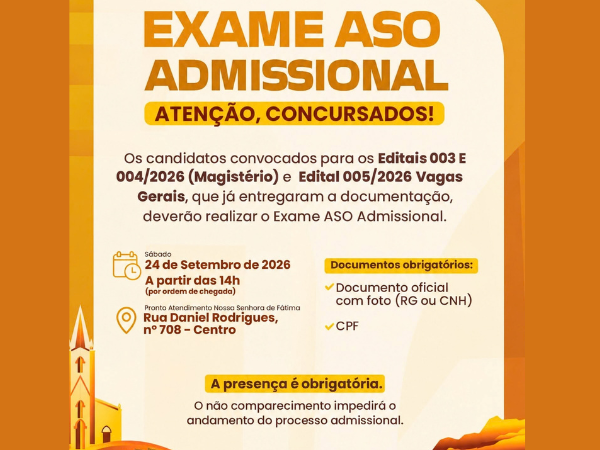 EXAME ASO ADMISSIONAL: PREFEITURA CONVOCA CANDIDATOS PARA AVALIAÇÃO OBRIGATÓRIA